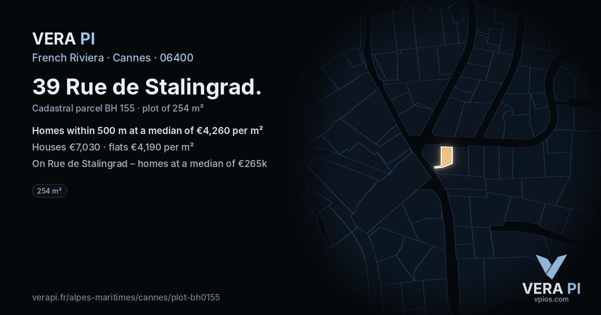 39 Rue de Stalingrad, Cannes at night – the plot lit, the parcels around coloured by the prices near them