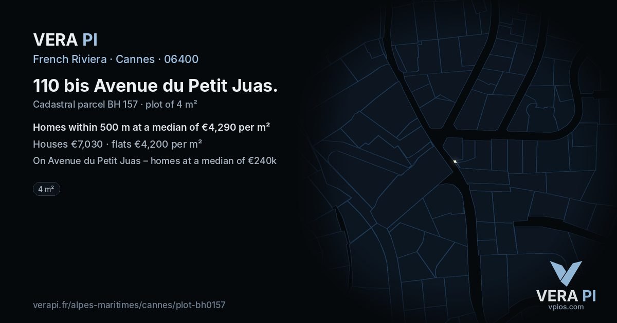 110 bis Avenue du Petit Juas, Cannes at night – the plot lit, the parcels around coloured by the prices near them