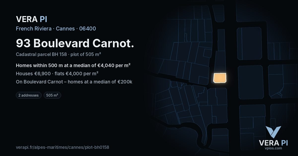 93 Boulevard Carnot, Cannes at night – the plot lit, the parcels around coloured by the prices near them