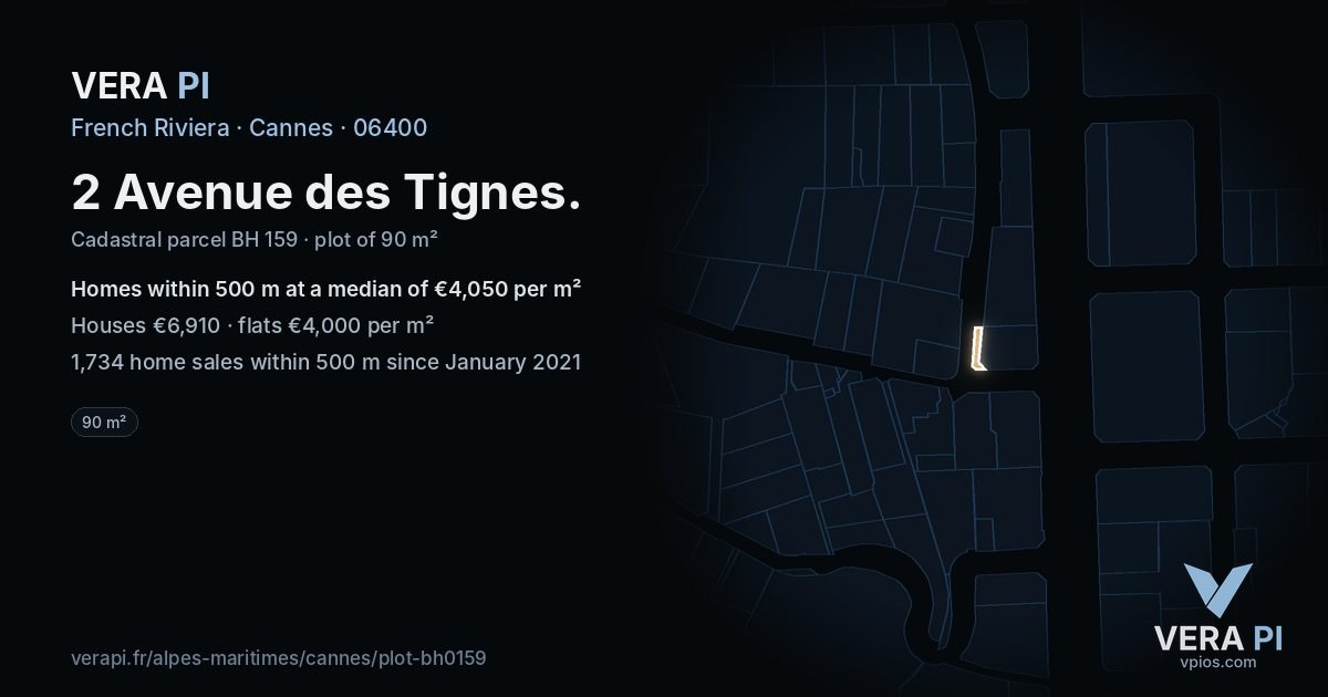 2 Avenue des Tignes, Cannes at night – the plot lit, the parcels around coloured by the prices near them