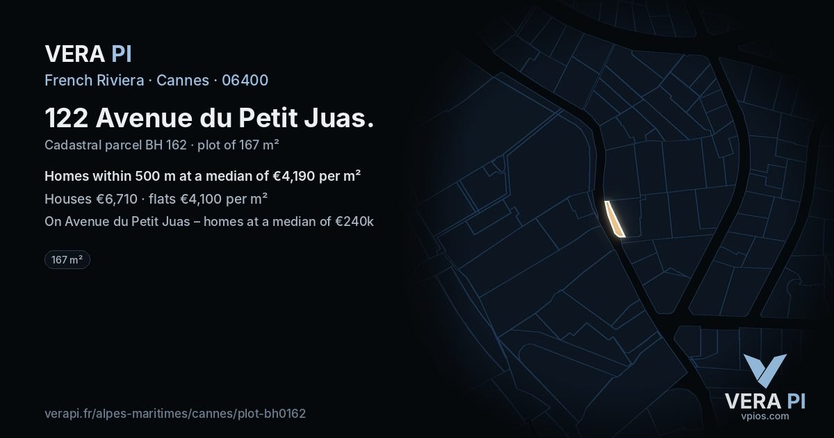 122 Avenue du Petit Juas, Cannes at night – the plot lit, the parcels around coloured by the prices near them