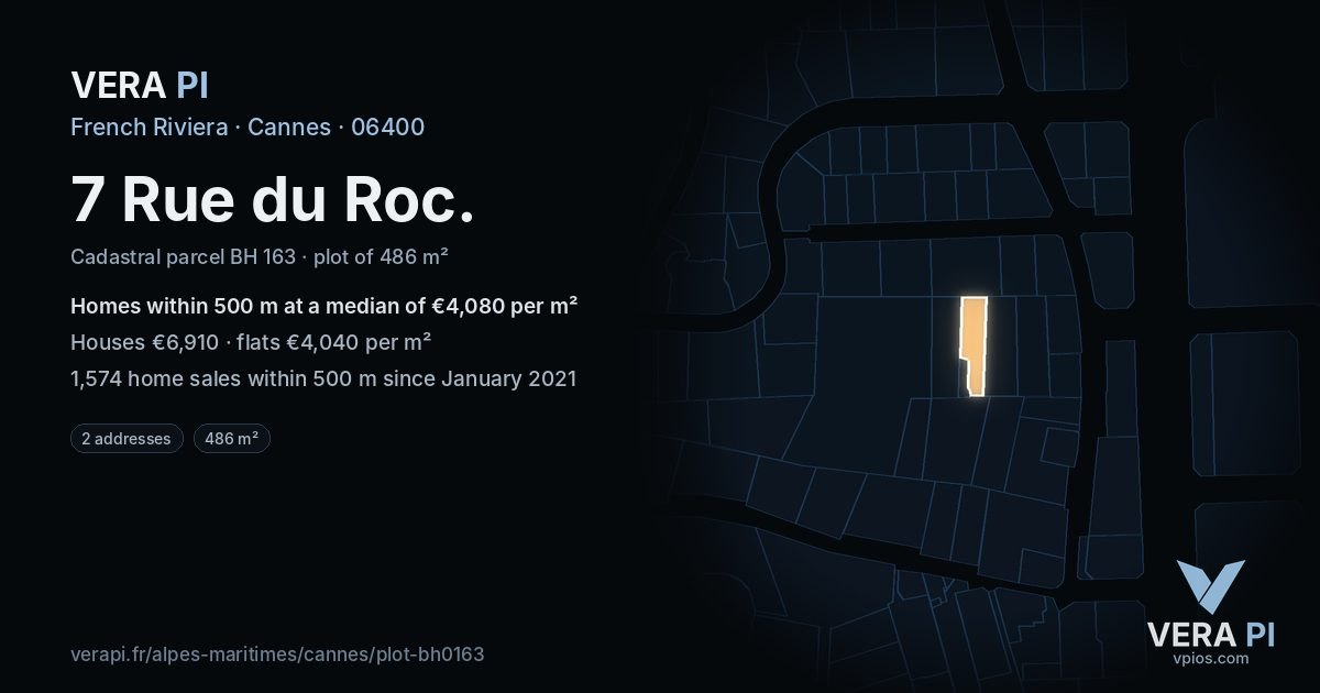 7 Rue du Roc, Cannes at night – the plot lit, the parcels around coloured by the prices near them