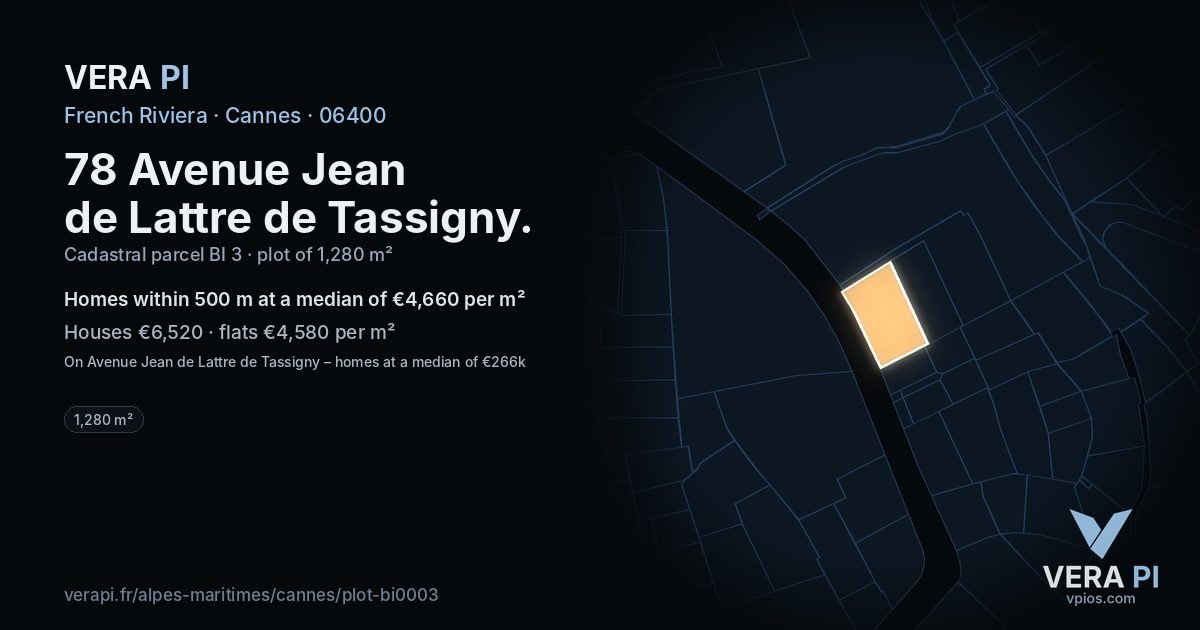 78 Avenue Jean de Lattre de Tassigny, Cannes at night – the plot lit, the parcels around coloured by the prices near them