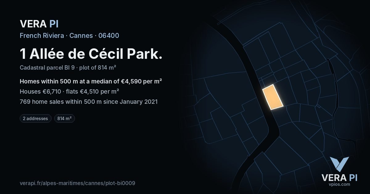 1 Allée de Cécil Park, Cannes at night – the plot lit, the parcels around coloured by the prices near them