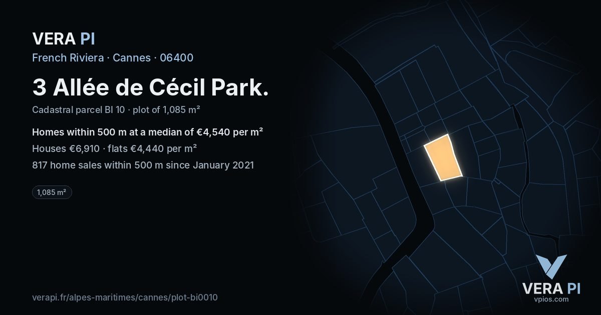 3 Allée de Cécil Park, Cannes at night – the plot lit, the parcels around coloured by the prices near them