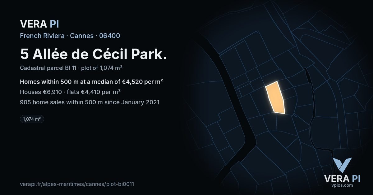 5 Allée de Cécil Park, Cannes at night – the plot lit, the parcels around coloured by the prices near them