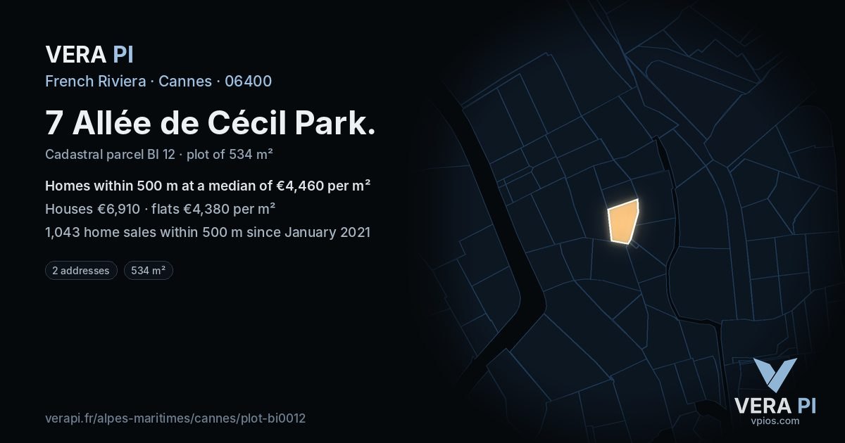 7 Allée de Cécil Park, Cannes at night – the plot lit, the parcels around coloured by the prices near them