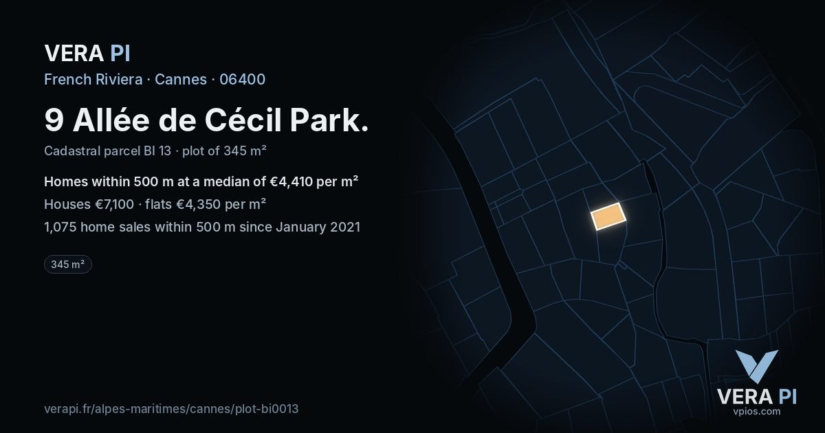 9 Allée de Cécil Park, Cannes at night – the plot lit, the parcels around coloured by the prices near them