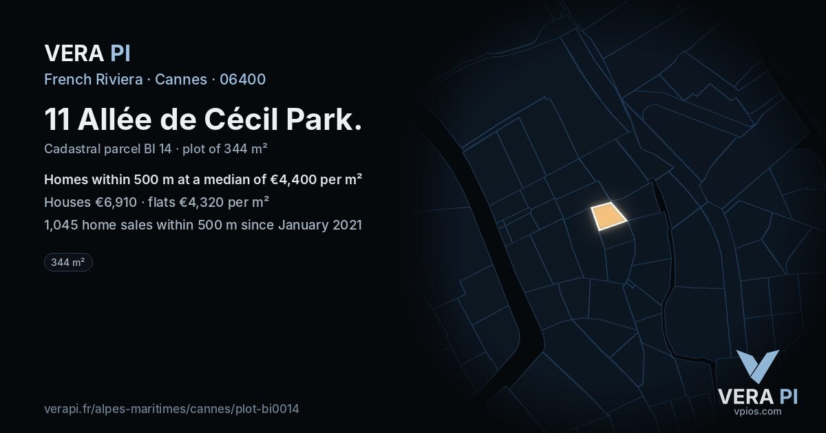 11 Allée de Cécil Park, Cannes at night – the plot lit, the parcels around coloured by the prices near them