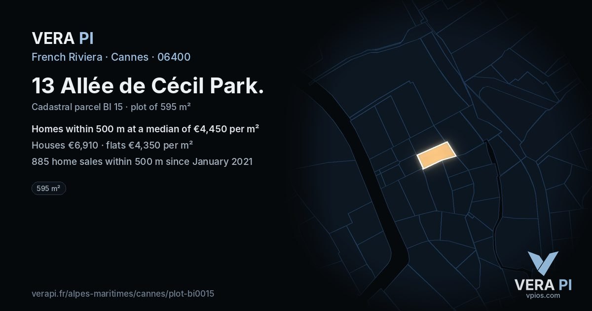 13 Allée de Cécil Park, Cannes at night – the plot lit, the parcels around coloured by the prices near them