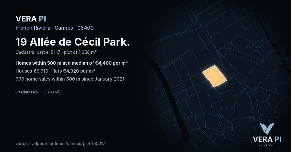 19 Allée de Cécil Park, Cannes at night – the plot lit, the parcels around coloured by the prices near them
