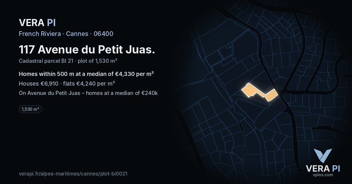 117 Avenue du Petit Juas, Cannes at night – the plot lit, the parcels around coloured by the prices near them