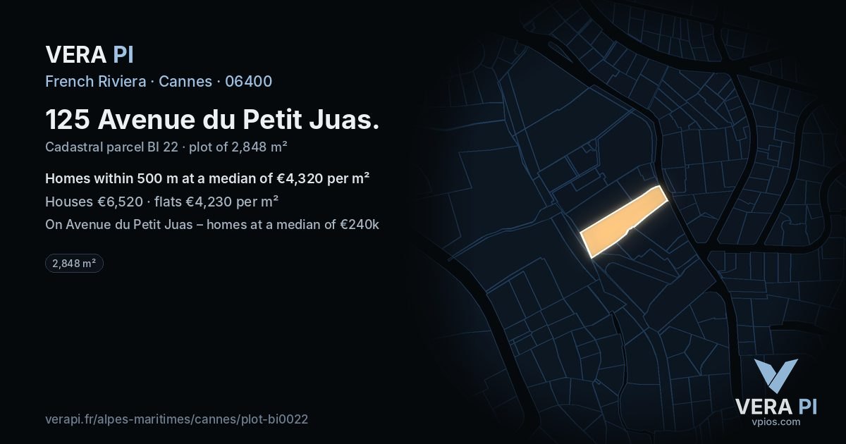 125 Avenue du Petit Juas, Cannes at night – the plot lit, the parcels around coloured by the prices near them