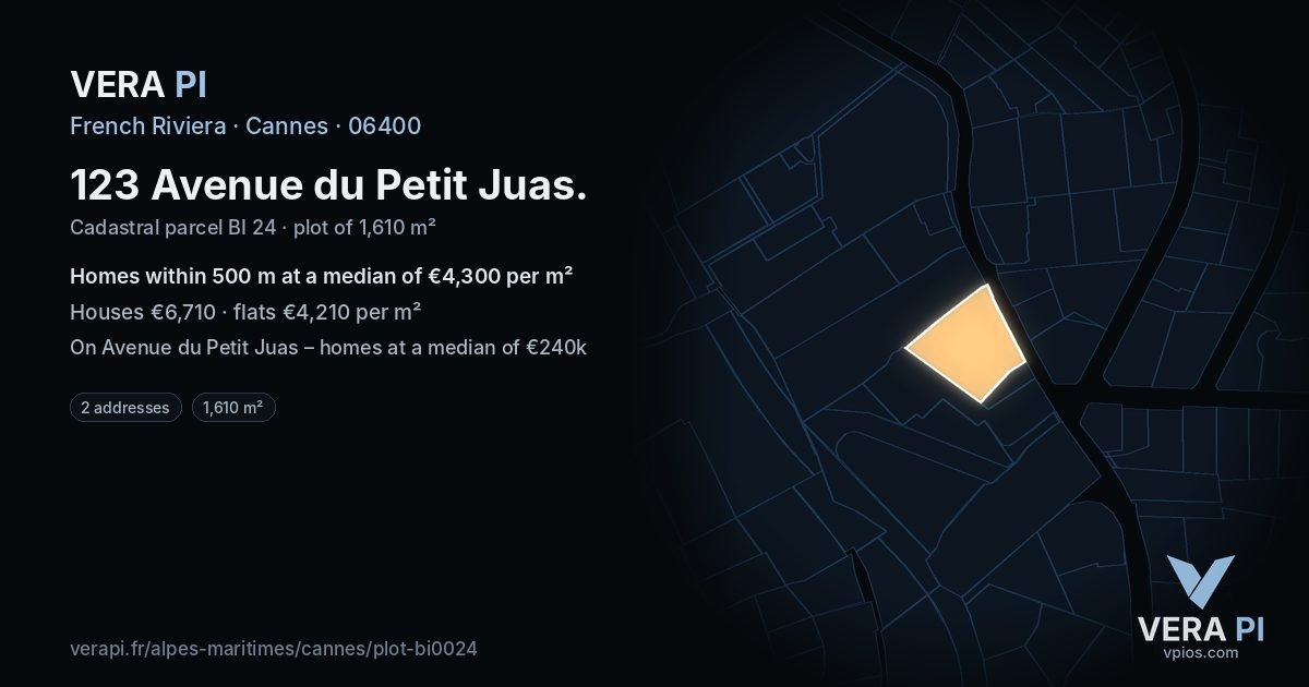 123 Avenue du Petit Juas, Cannes at night – the plot lit, the parcels around coloured by the prices near them