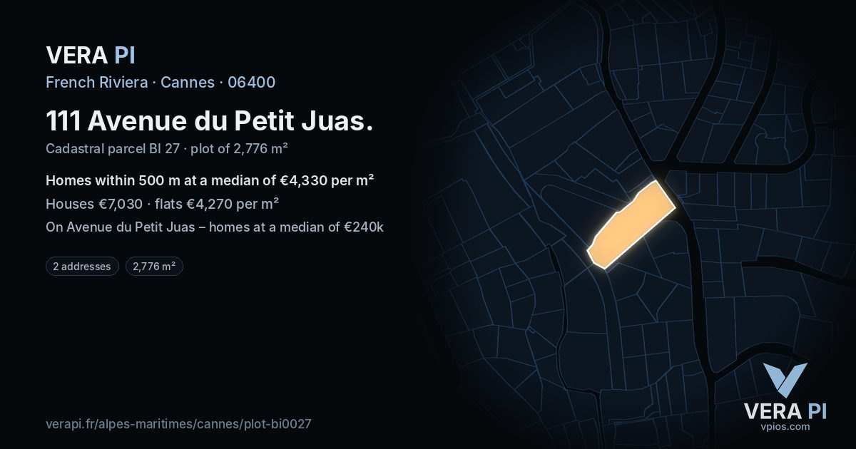 111 Avenue du Petit Juas, Cannes at night – the plot lit, the parcels around coloured by the prices near them