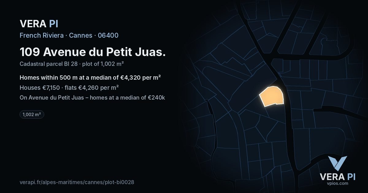 109 Avenue du Petit Juas, Cannes at night – the plot lit, the parcels around coloured by the prices near them