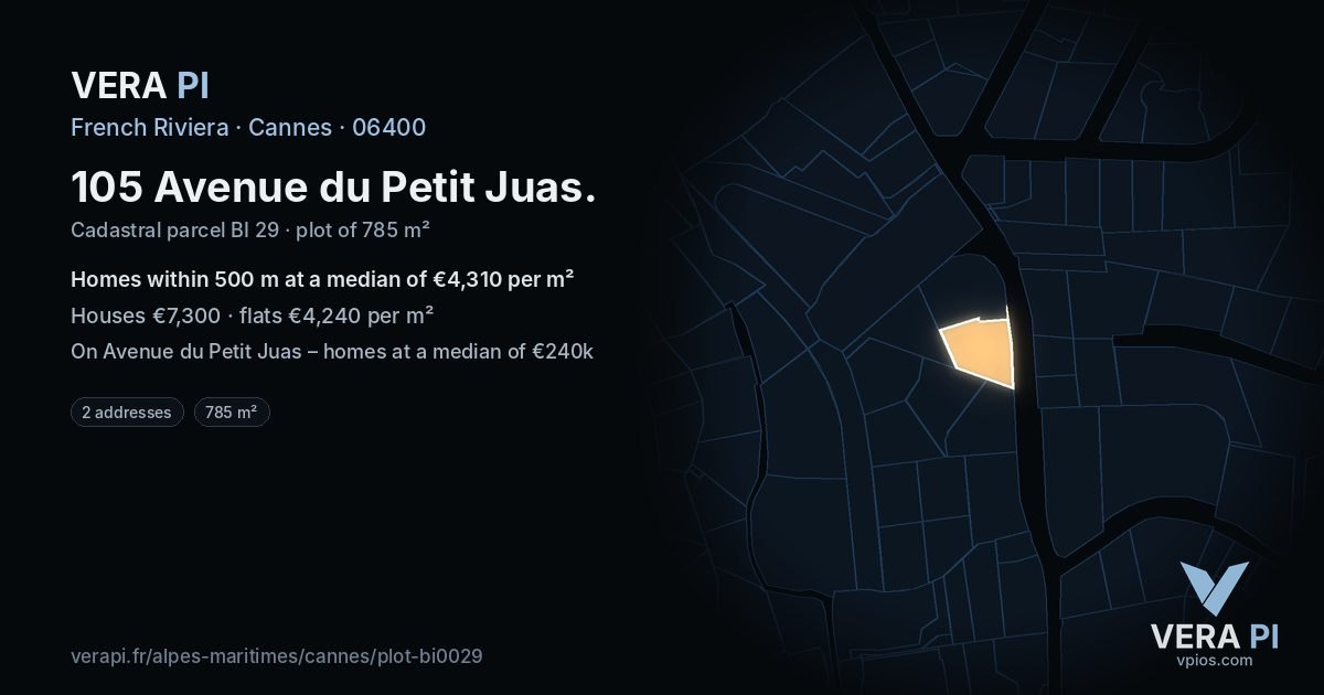 105 Avenue du Petit Juas, Cannes at night – the plot lit, the parcels around coloured by the prices near them
