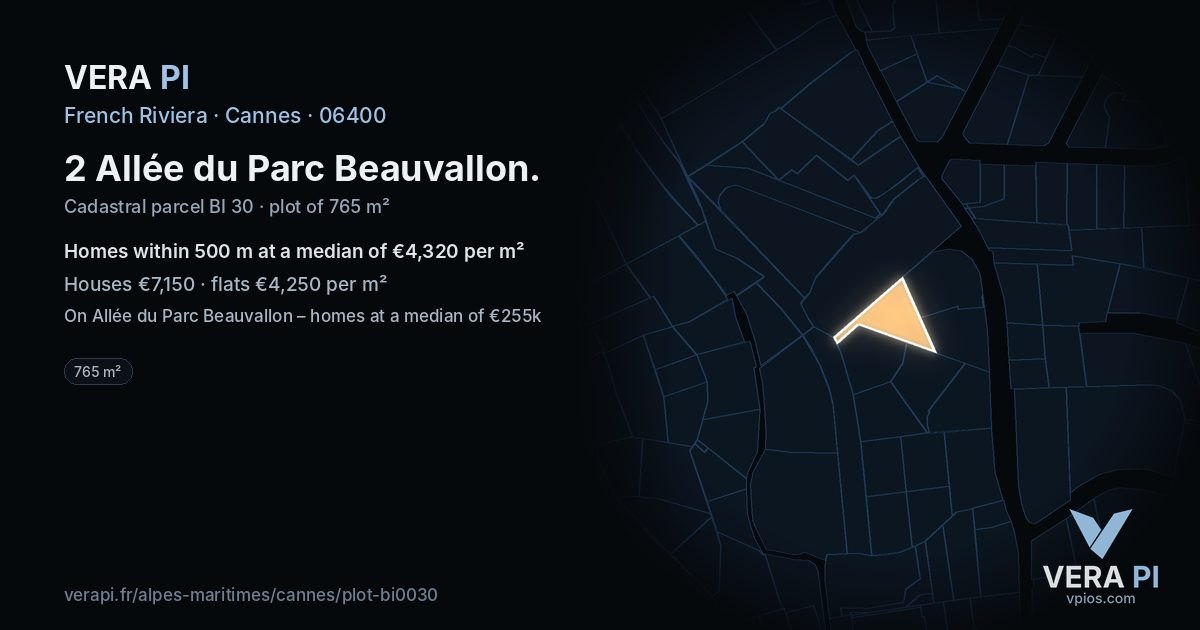 2 Allée du Parc Beauvallon, Cannes at night – the plot lit, the parcels around coloured by the prices near them