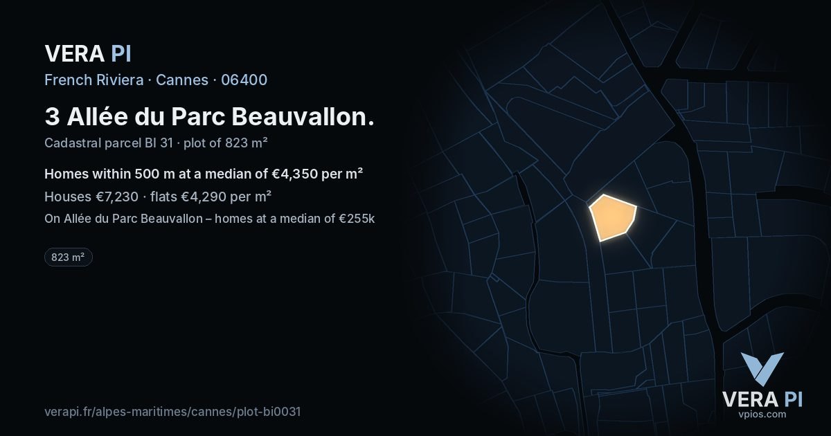 3 Allée du Parc Beauvallon, Cannes at night – the plot lit, the parcels around coloured by the prices near them