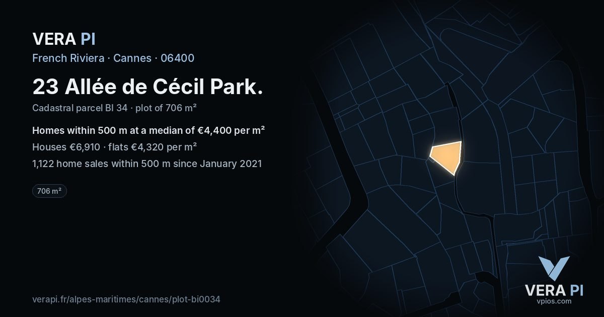 23 Allée de Cécil Park, Cannes at night – the plot lit, the parcels around coloured by the prices near them