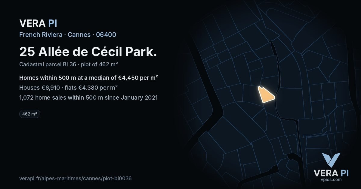 25 Allée de Cécil Park, Cannes at night – the plot lit, the parcels around coloured by the prices near them