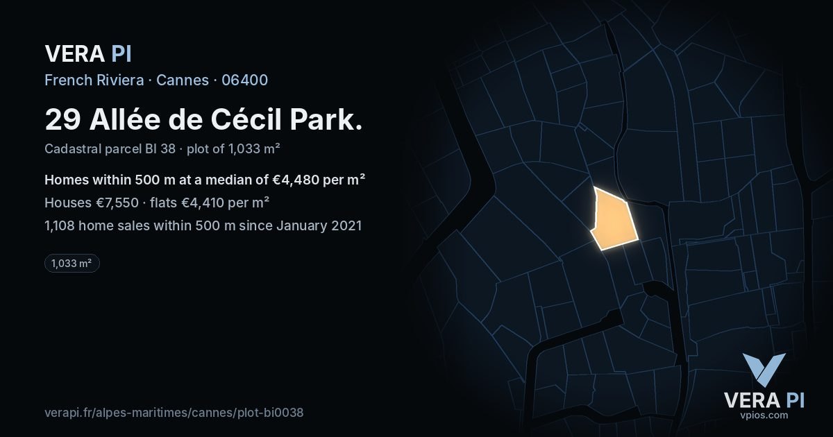 29 Allée de Cécil Park, Cannes at night – the plot lit, the parcels around coloured by the prices near them
