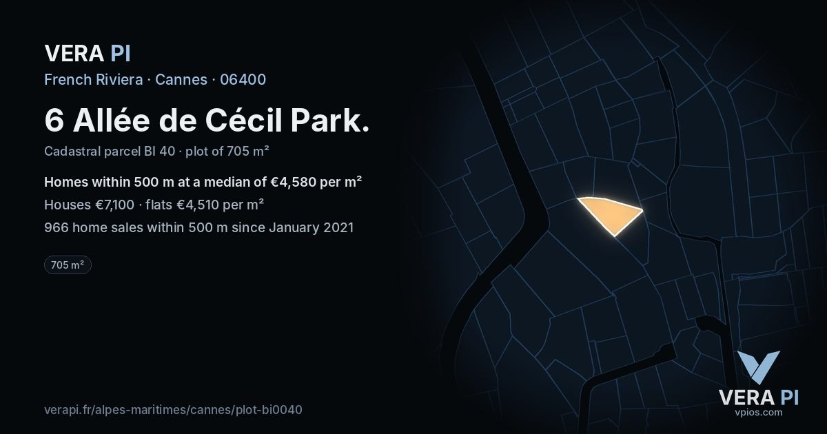 6 Allée de Cécil Park, Cannes at night – the plot lit, the parcels around coloured by the prices near them