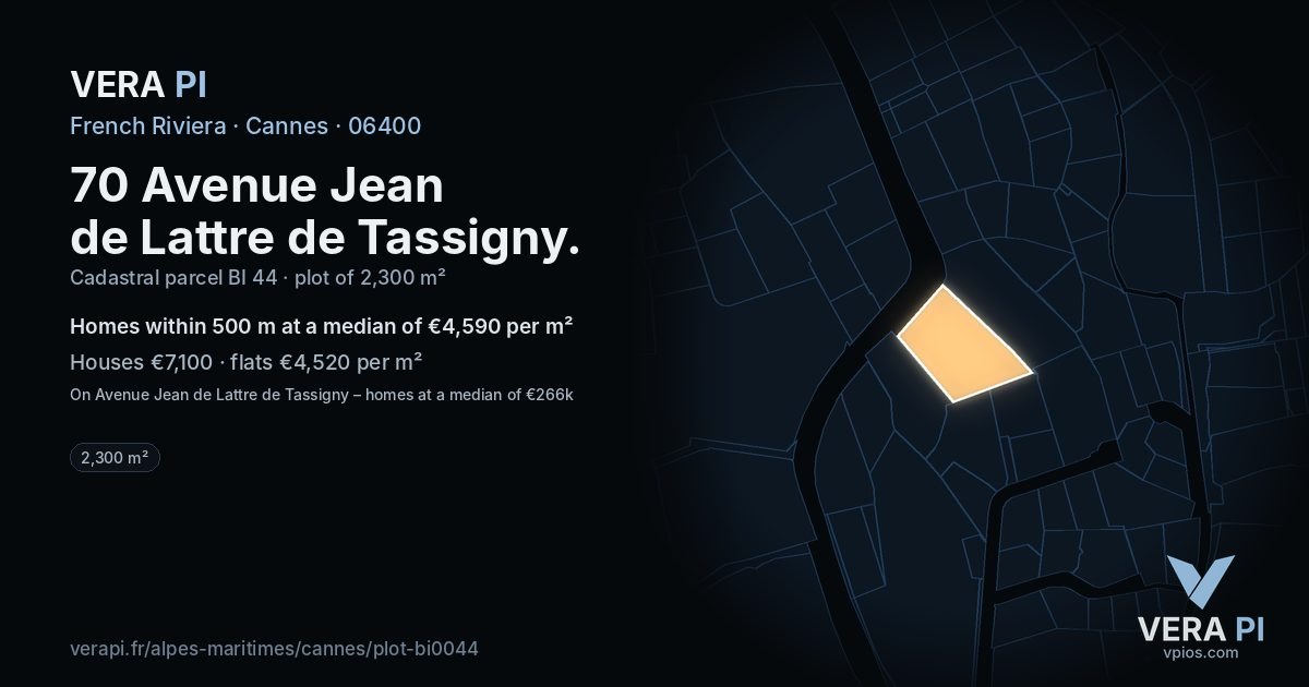 70 Avenue Jean de Lattre de Tassigny, Cannes at night – the plot lit, the parcels around coloured by the prices near them