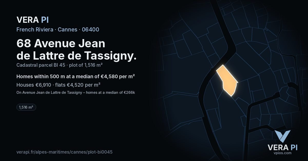 68 Avenue Jean de Lattre de Tassigny, Cannes at night – the plot lit, the parcels around coloured by the prices near them