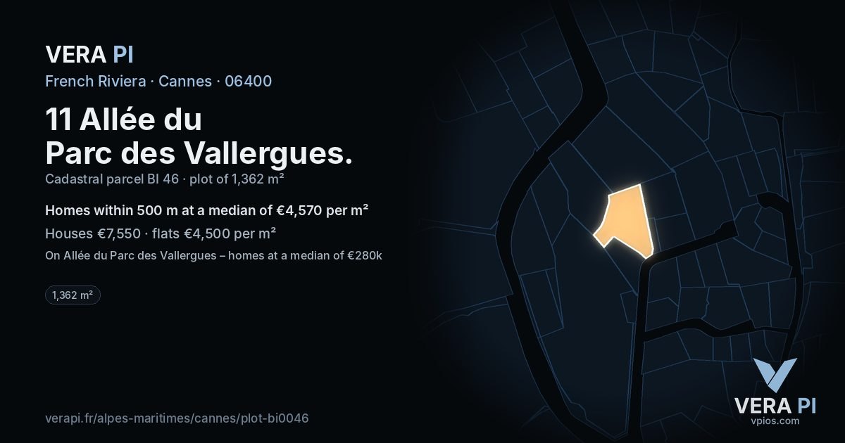 11 Allée du Parc des Vallergues, Cannes at night – the plot lit, the parcels around coloured by the prices near them