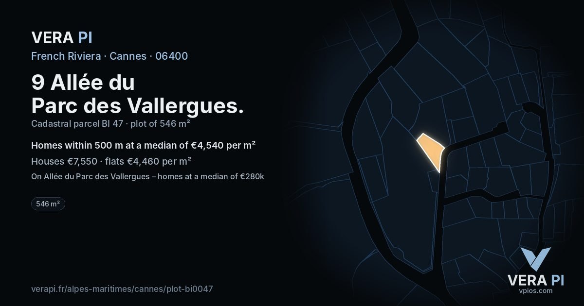 9 Allée du Parc des Vallergues, Cannes at night – the plot lit, the parcels around coloured by the prices near them