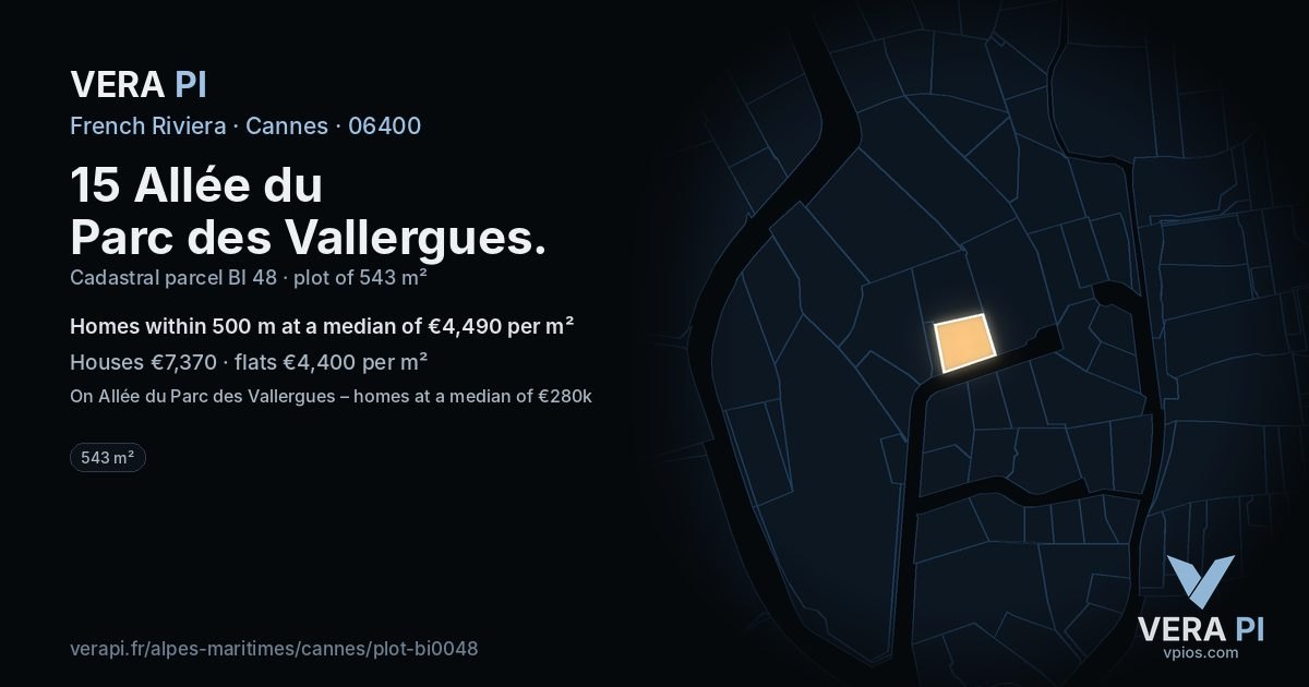 15 Allée du Parc des Vallergues, Cannes at night – the plot lit, the parcels around coloured by the prices near them