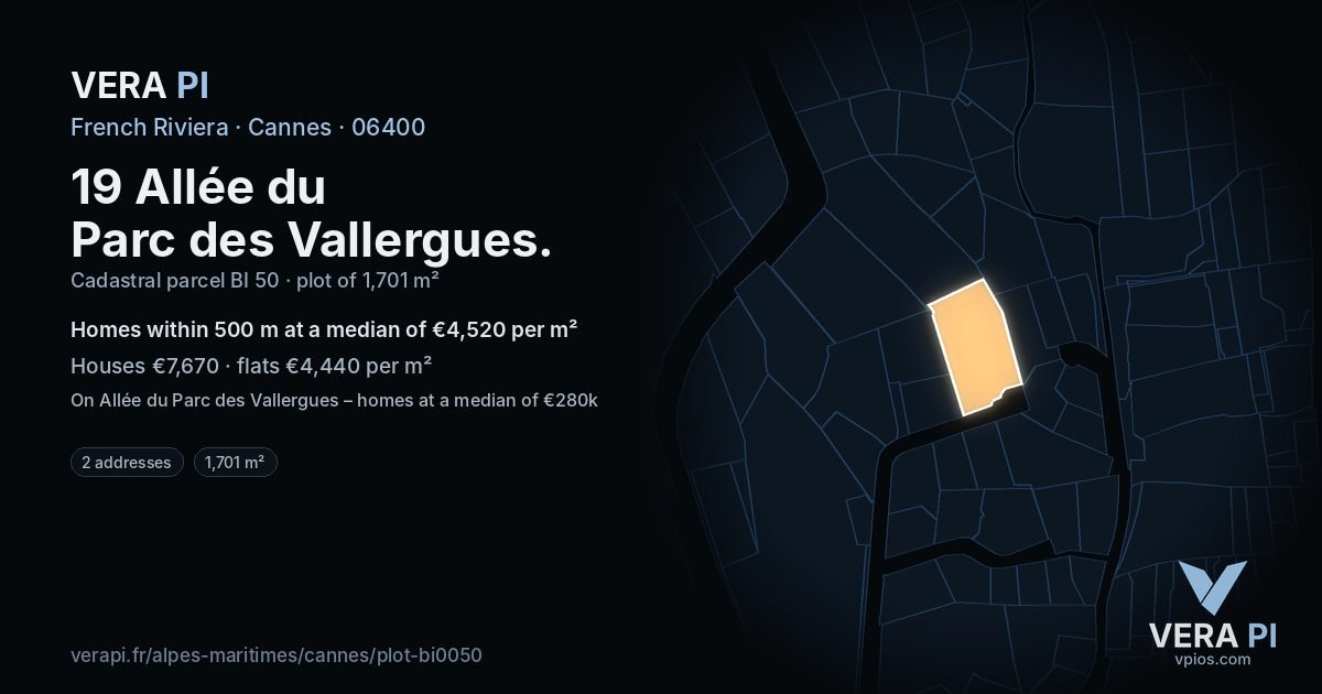 19 Allée du Parc des Vallergues, Cannes at night – the plot lit, the parcels around coloured by the prices near them