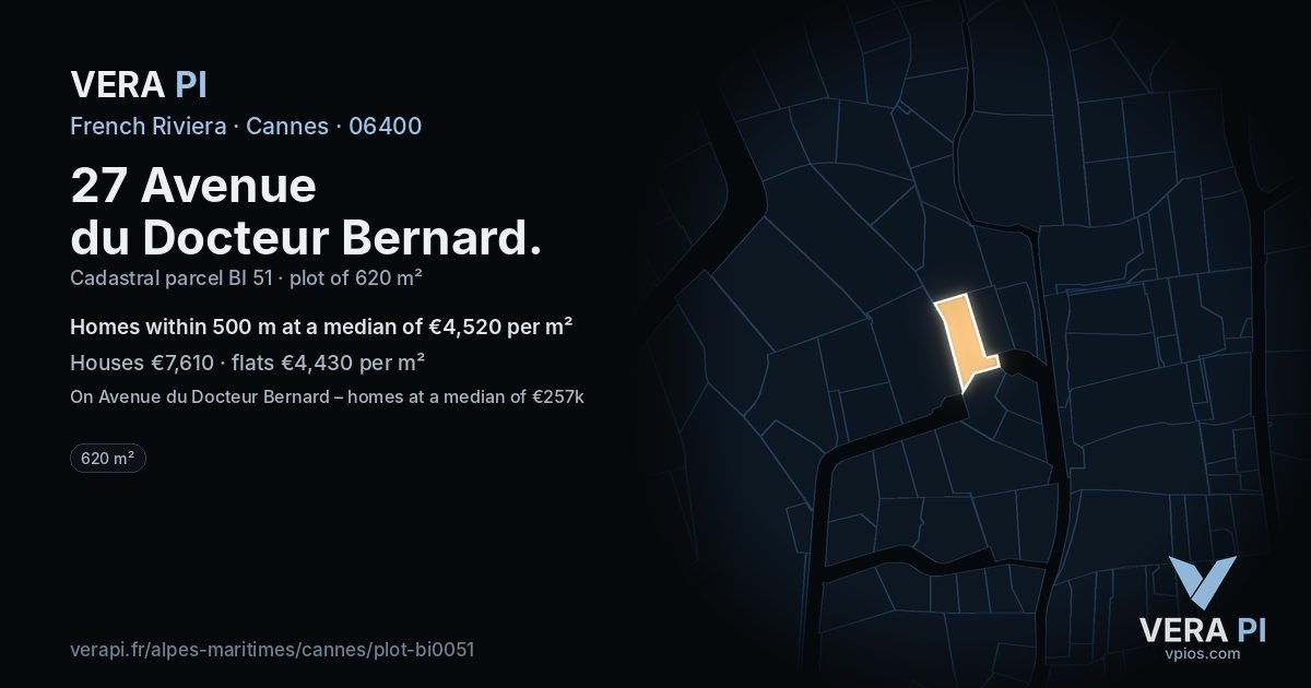 27 Avenue du Docteur Bernard, Cannes at night – the plot lit, the parcels around coloured by the prices near them