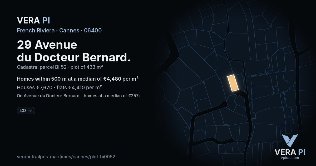 29 Avenue du Docteur Bernard, Cannes at night – the plot lit, the parcels around coloured by the prices near them