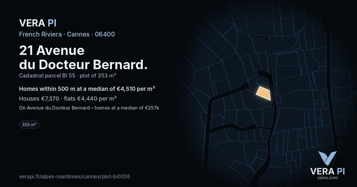 21 Avenue du Docteur Bernard, Cannes at night – the plot lit, the parcels around coloured by the prices near them