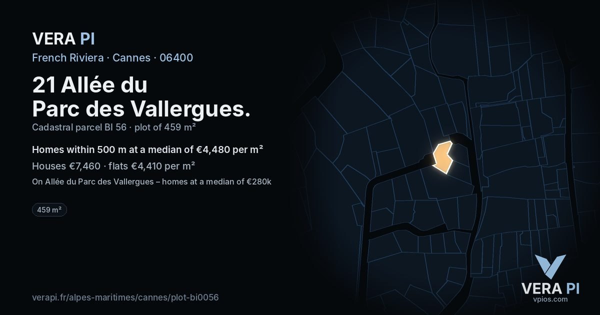 21 Allée du Parc des Vallergues, Cannes at night – the plot lit, the parcels around coloured by the prices near them