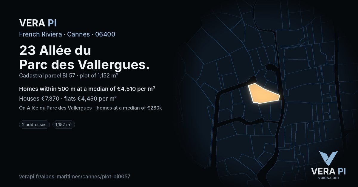 23 Allée du Parc des Vallergues, Cannes at night – the plot lit, the parcels around coloured by the prices near them