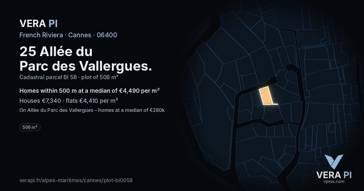 25 Allée du Parc des Vallergues, Cannes at night – the plot lit, the parcels around coloured by the prices near them