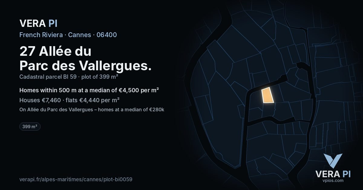 27 Allée du Parc des Vallergues, Cannes at night – the plot lit, the parcels around coloured by the prices near them