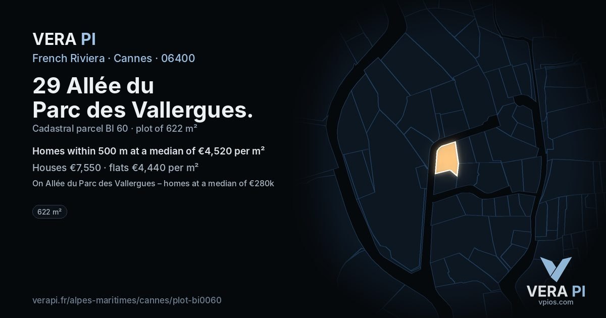 29 Allée du Parc des Vallergues, Cannes at night – the plot lit, the parcels around coloured by the prices near them