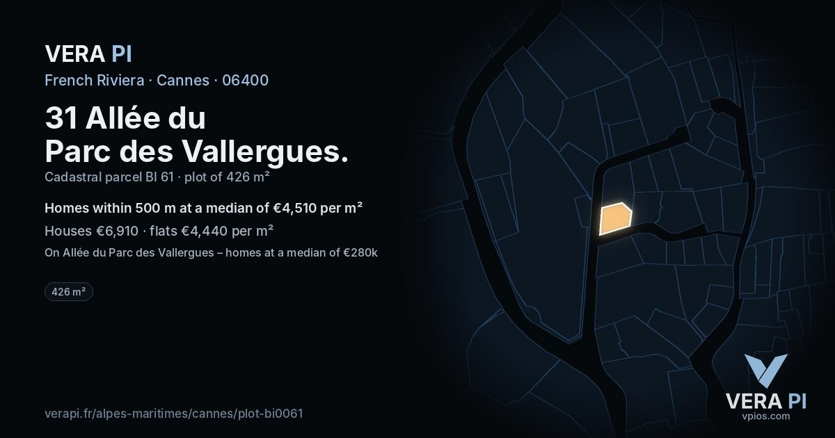 31 Allée du Parc des Vallergues, Cannes at night – the plot lit, the parcels around coloured by the prices near them