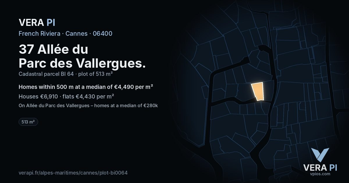 37 Allée du Parc des Vallergues, Cannes at night – the plot lit, the parcels around coloured by the prices near them