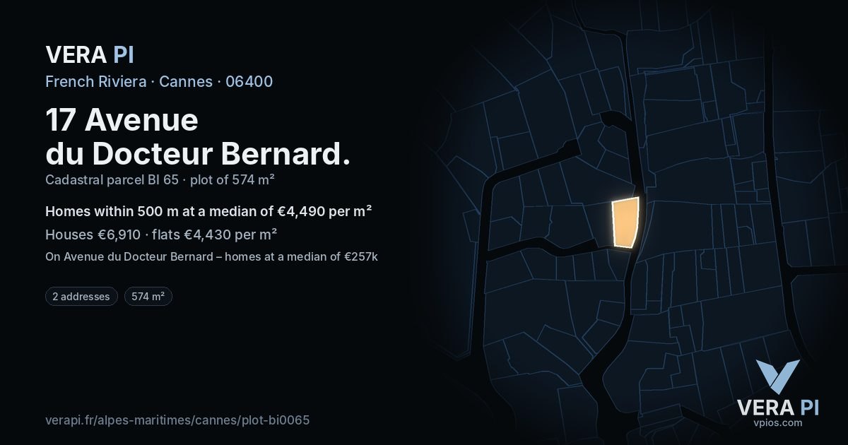17 Avenue du Docteur Bernard, Cannes at night – the plot lit, the parcels around coloured by the prices near them
