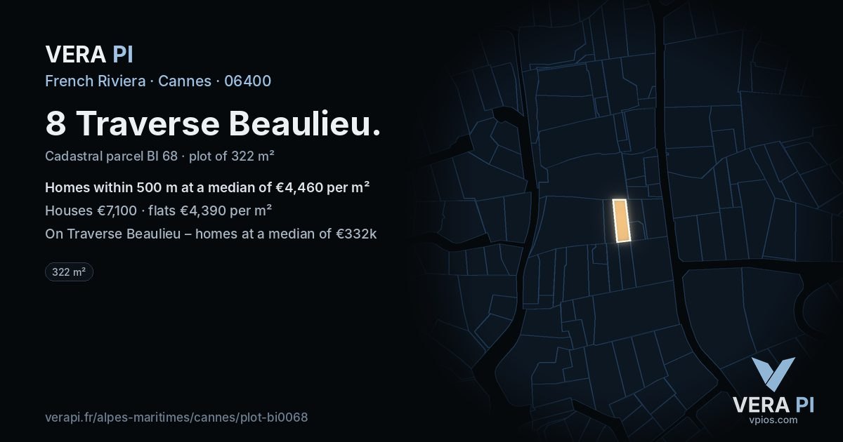 8 Traverse Beaulieu, Cannes at night – the plot lit, the parcels around coloured by the prices near them