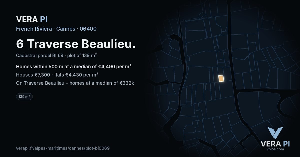6 Traverse Beaulieu, Cannes at night – the plot lit, the parcels around coloured by the prices near them