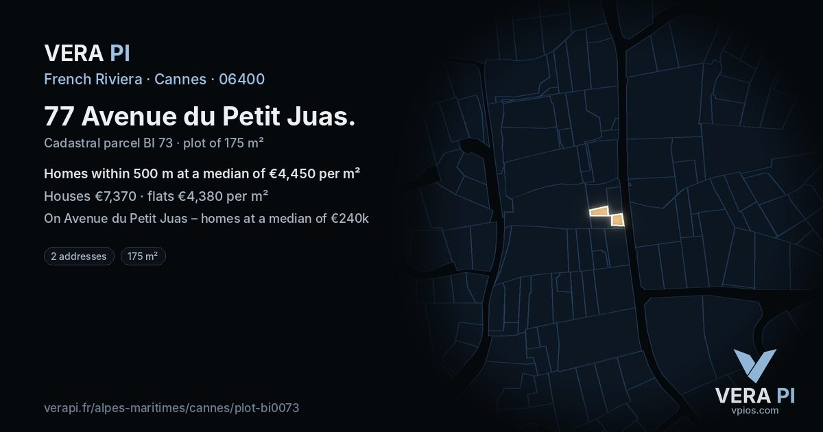 77 Avenue du Petit Juas, Cannes at night – the plot lit, the parcels around coloured by the prices near them