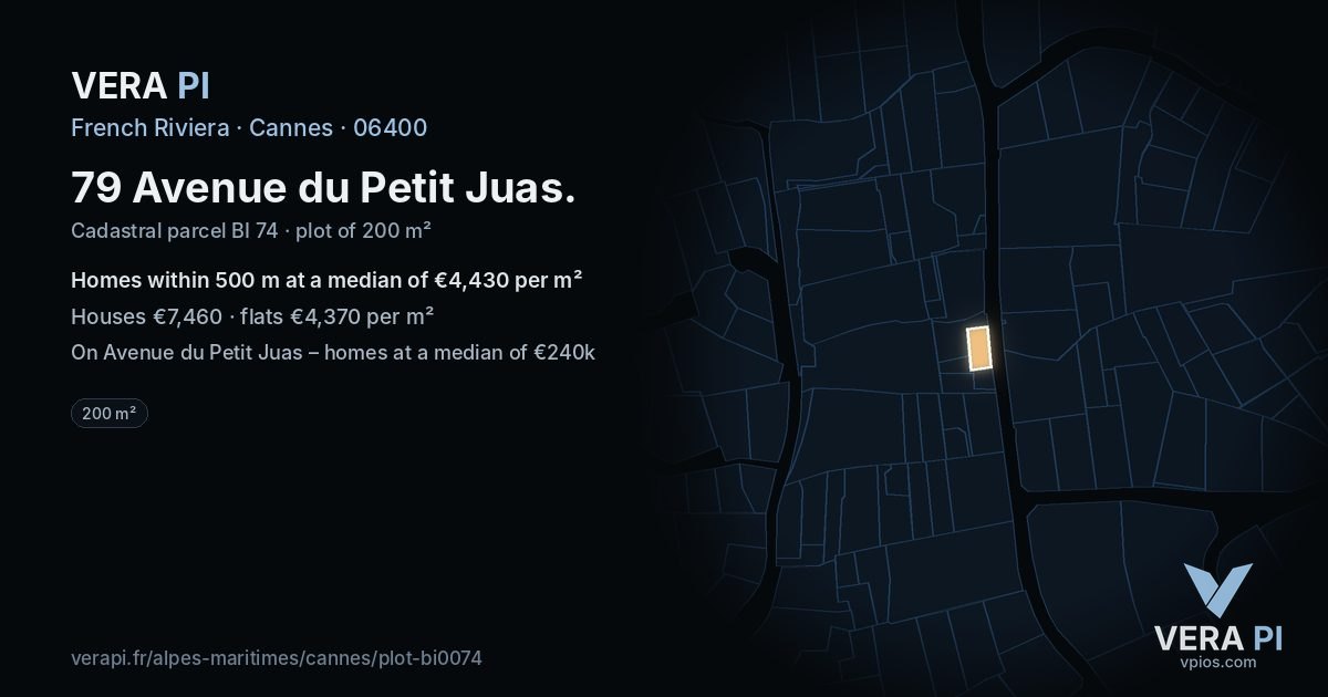 79 Avenue du Petit Juas, Cannes at night – the plot lit, the parcels around coloured by the prices near them