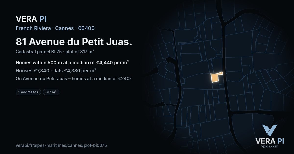 81 Avenue du Petit Juas, Cannes at night – the plot lit, the parcels around coloured by the prices near them