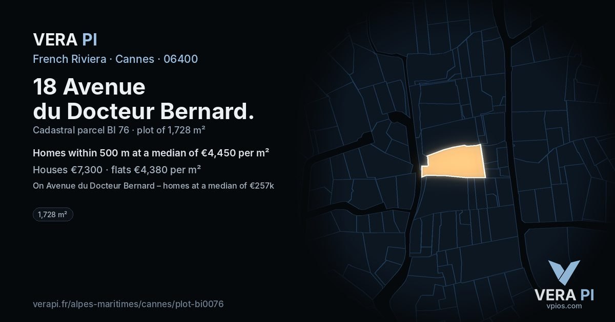 18 Avenue du Docteur Bernard, Cannes at night – the plot lit, the parcels around coloured by the prices near them